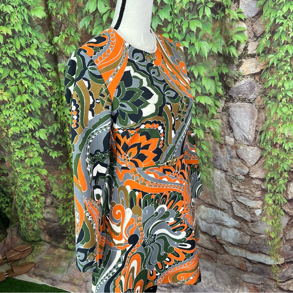 ZARA Mod Floral Orange/Green/White Geometric Lightweight Scuba Mini Dress, S - Picture 4 of 12